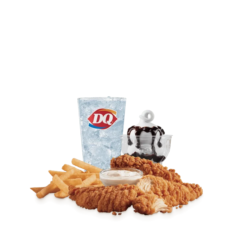 Three chicken strips with fries and a soft drink