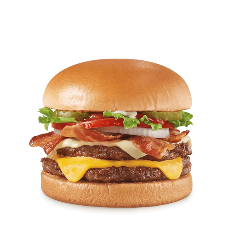 Double stacked cheeseburger with two beef patties, bacon, cheese, lettuce, tomato, onion, and pickles