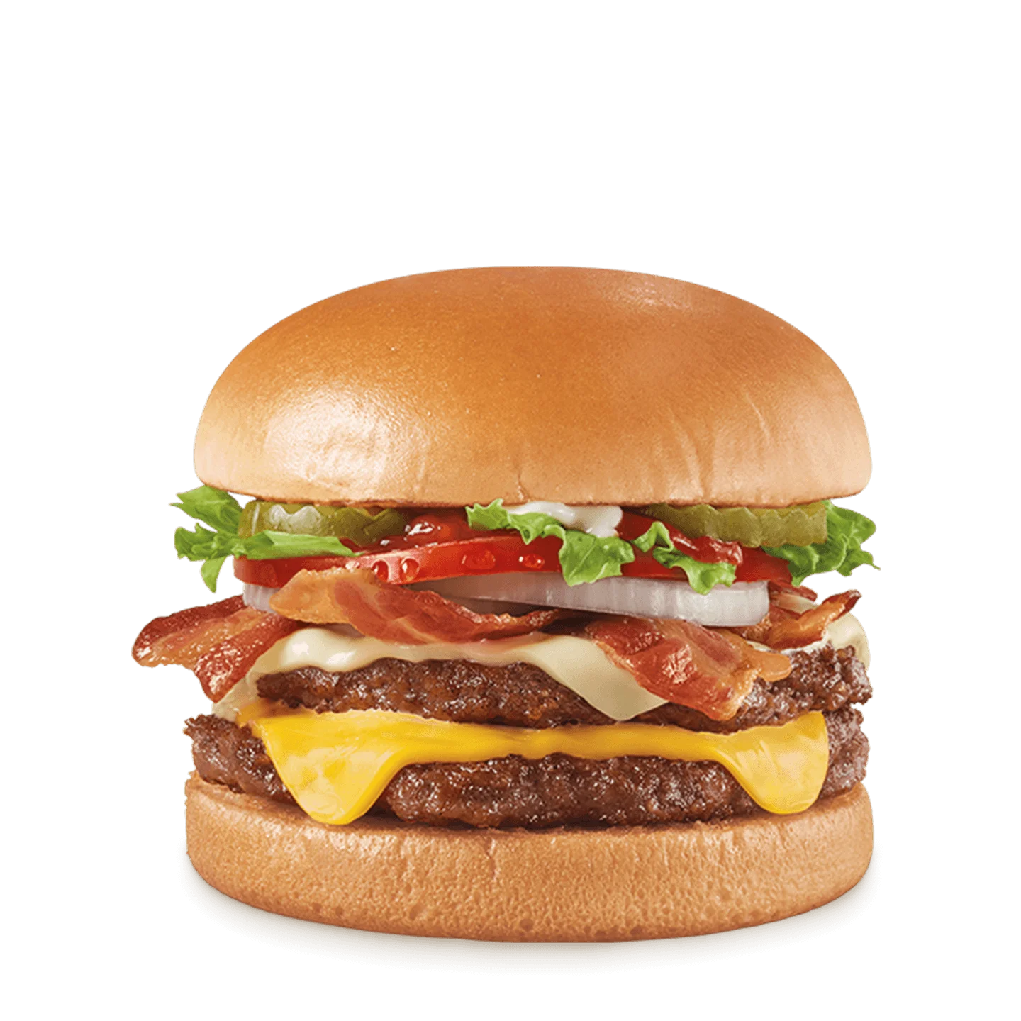 Double stacked cheeseburger with two beef patties, bacon, cheese, lettuce, tomato, onion, and pickles