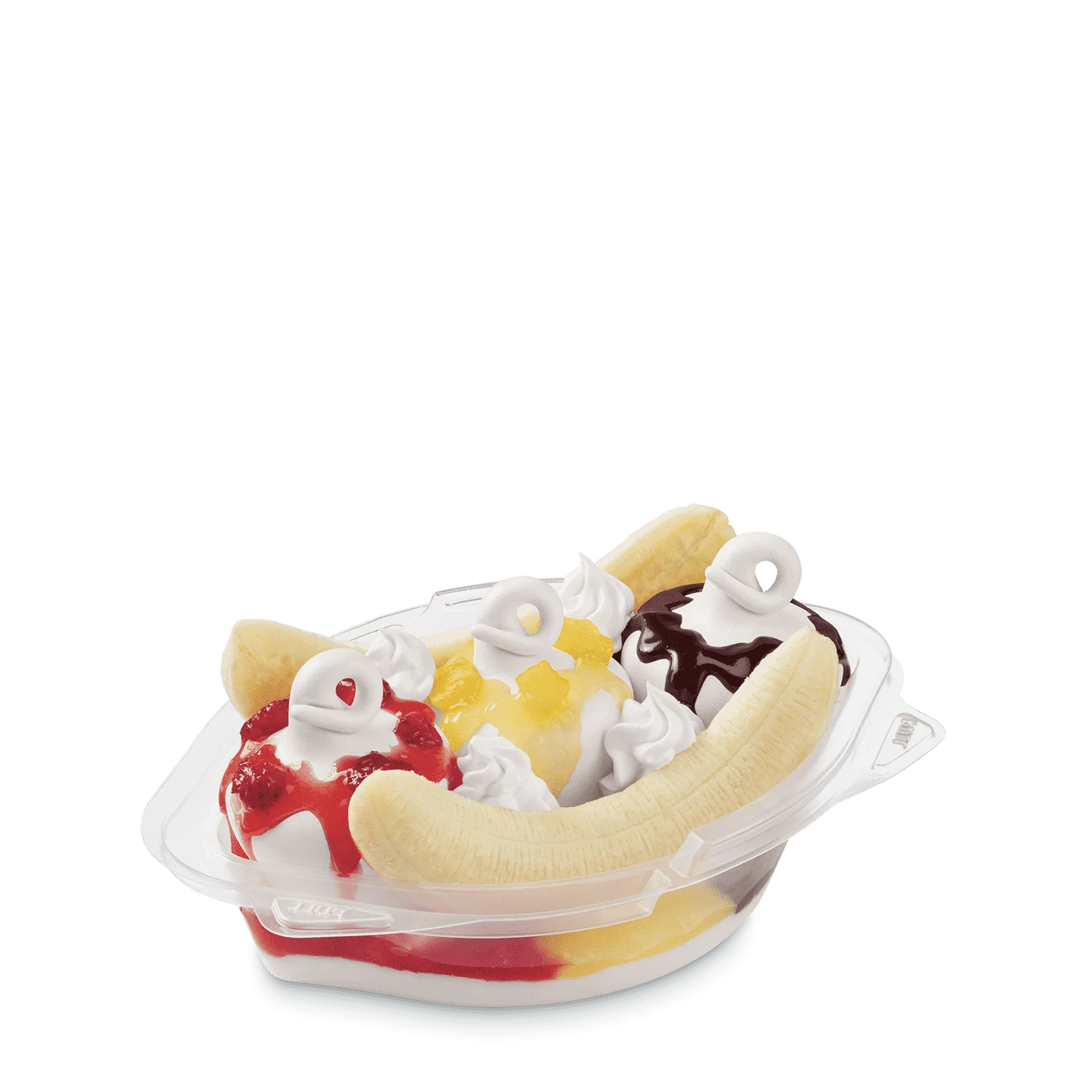 banana split with vanilla and chocolate soft serve, sauces, cherries, and banana halves