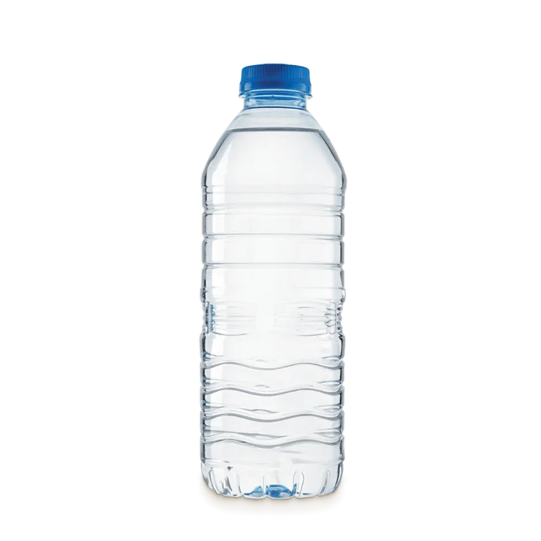 Clear plastic bottle of water with black cap