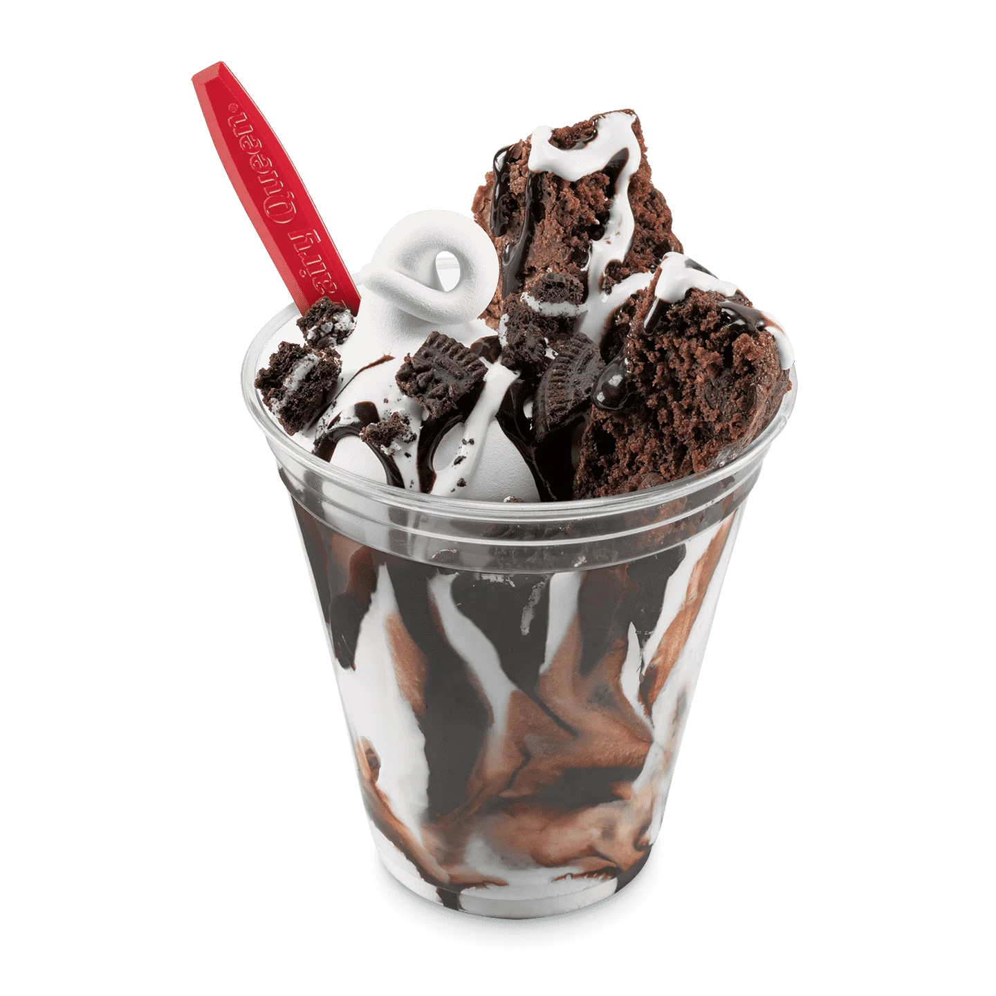 brownie pieces with vanilla soft serve and Oreo cookie pieces in a cup