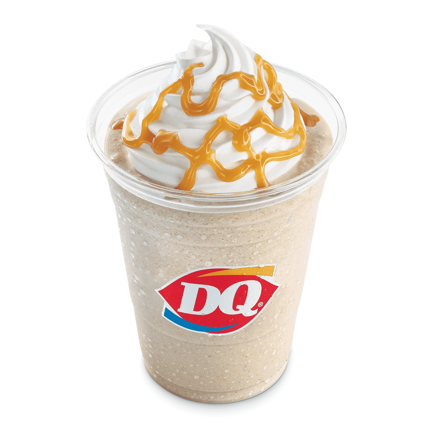 Caramel MooLatte in a clear cup with whipped topping and straw