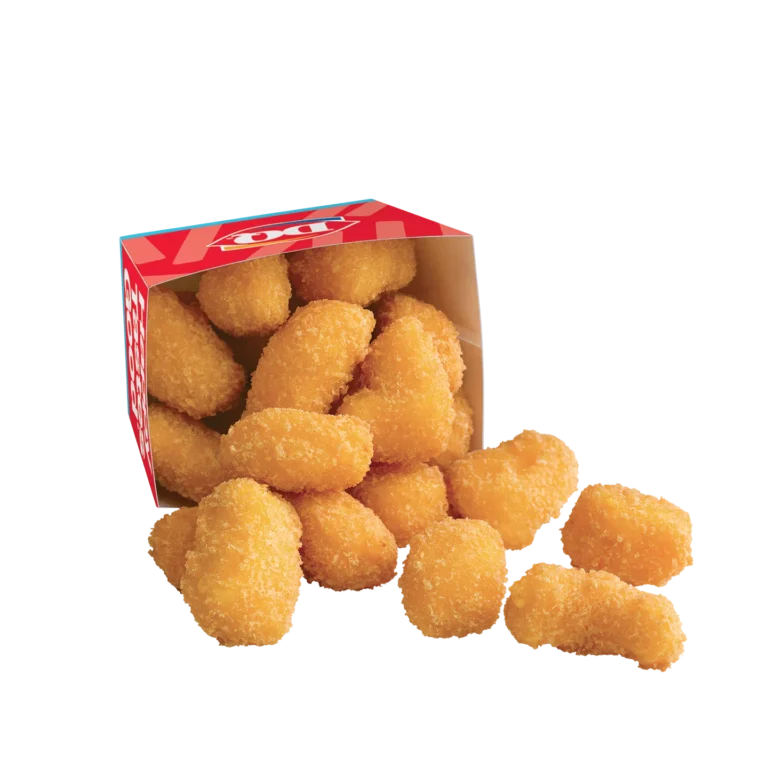 Serving of golden fried cheese curds in a container