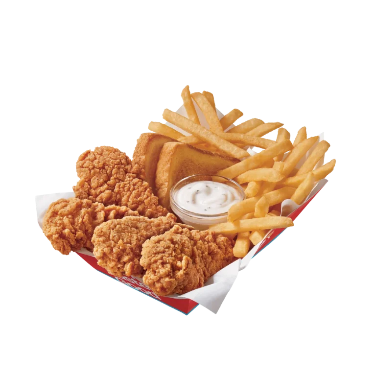 4 piece chicken strips, fries, Texas toast, and dipping sauce on tray