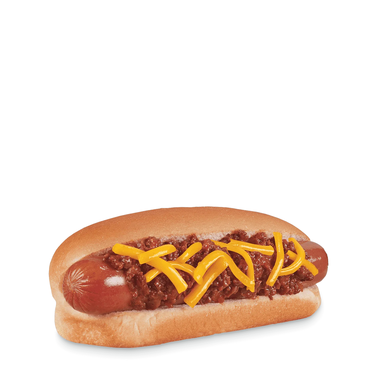Hot dog in bun topped with chili and shredded cheese