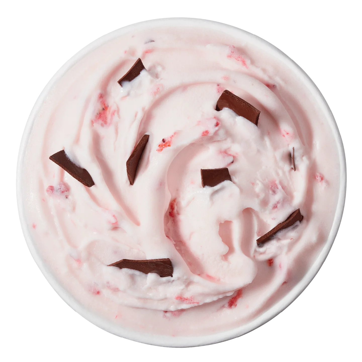 single red and white swirled Blizzard treat topped with chocolate chunks in a clear cup