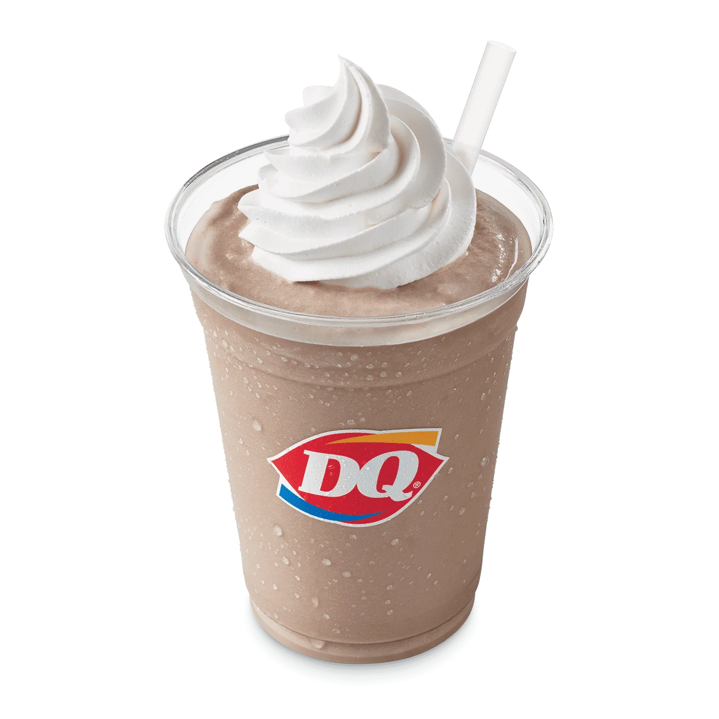 Chocolate shake in a clear cup with whipped topping