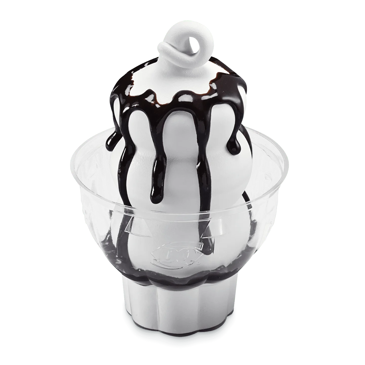 vanilla soft serve sundae topped with chocolate sauce in a white cup