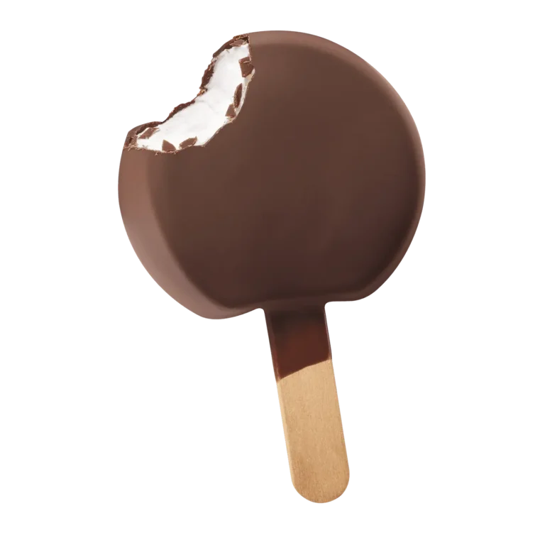 single vanilla soft serve bar coated in chocolate on a wooden stick