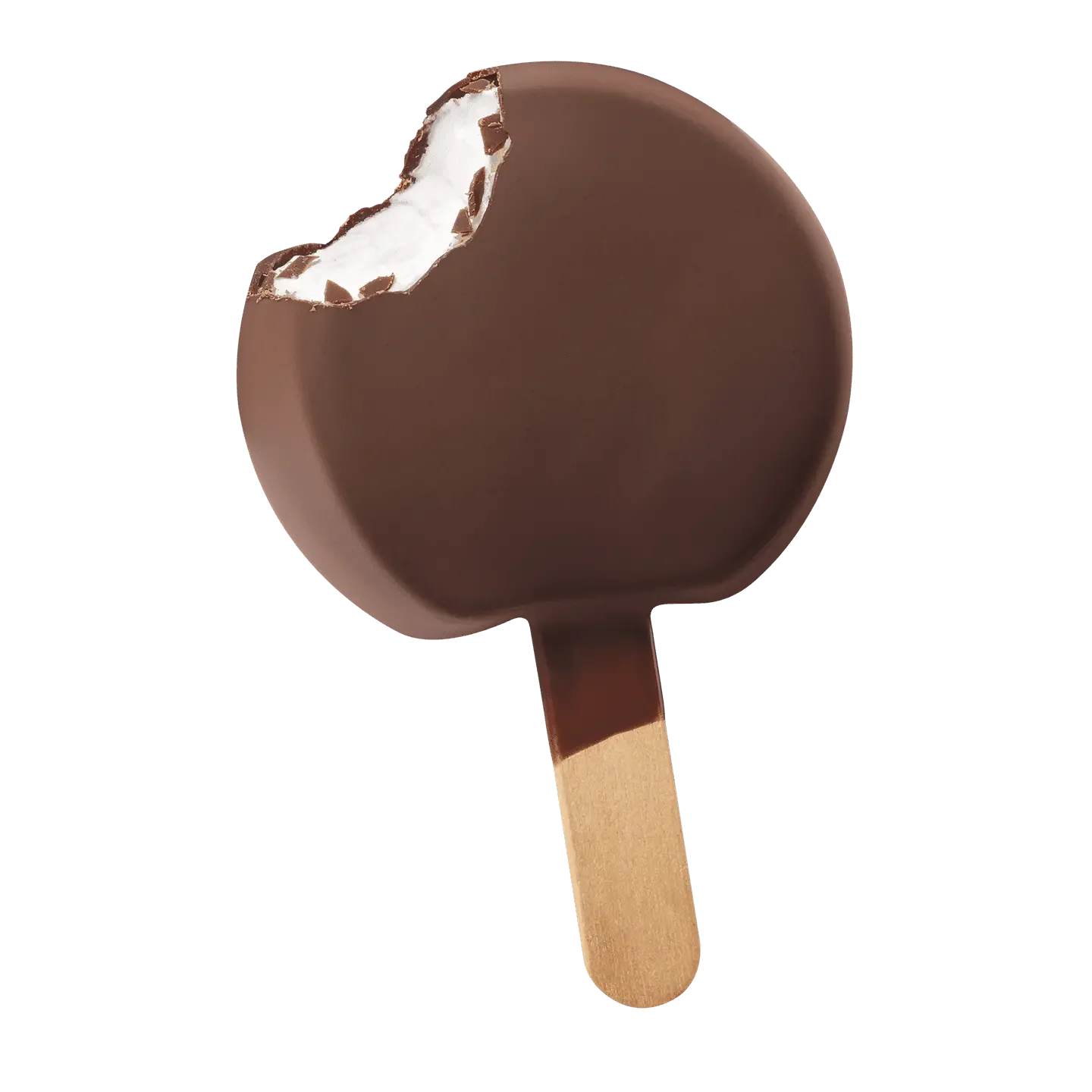 single vanilla soft serve bar coated in chocolate on a wooden stick