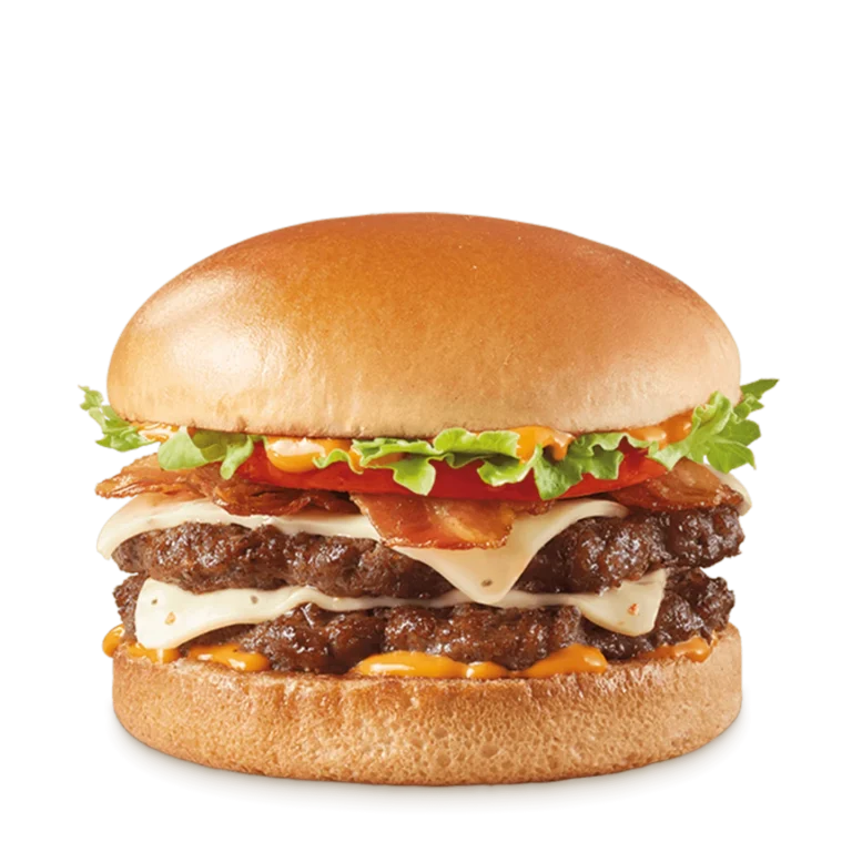 Stackburger with two beef patties, jalapeños, pepper jack cheese, lettuce, tomato, and sauce