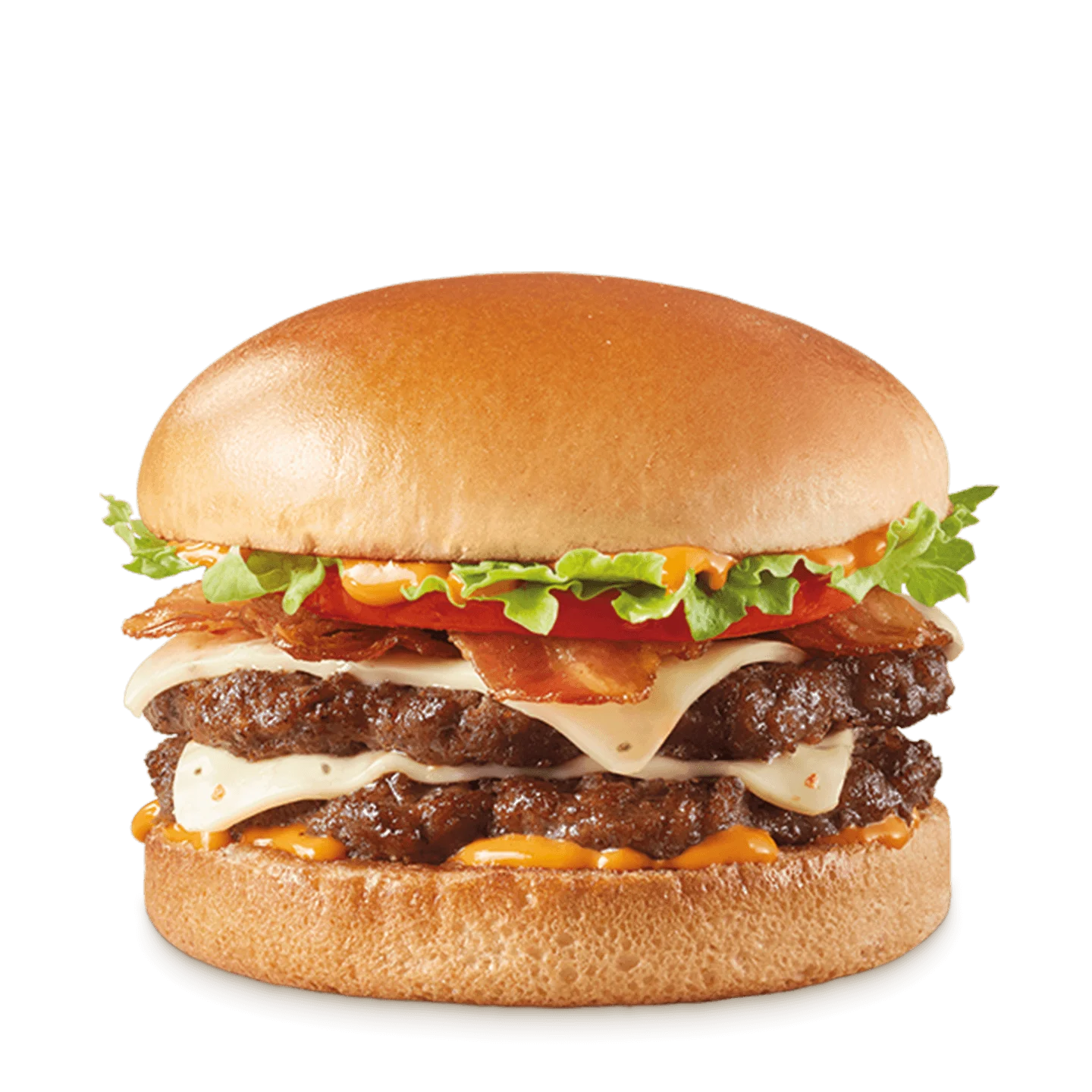 Stackburger with two beef patties, jalapeños, pepper jack cheese, lettuce, tomato, and sauce