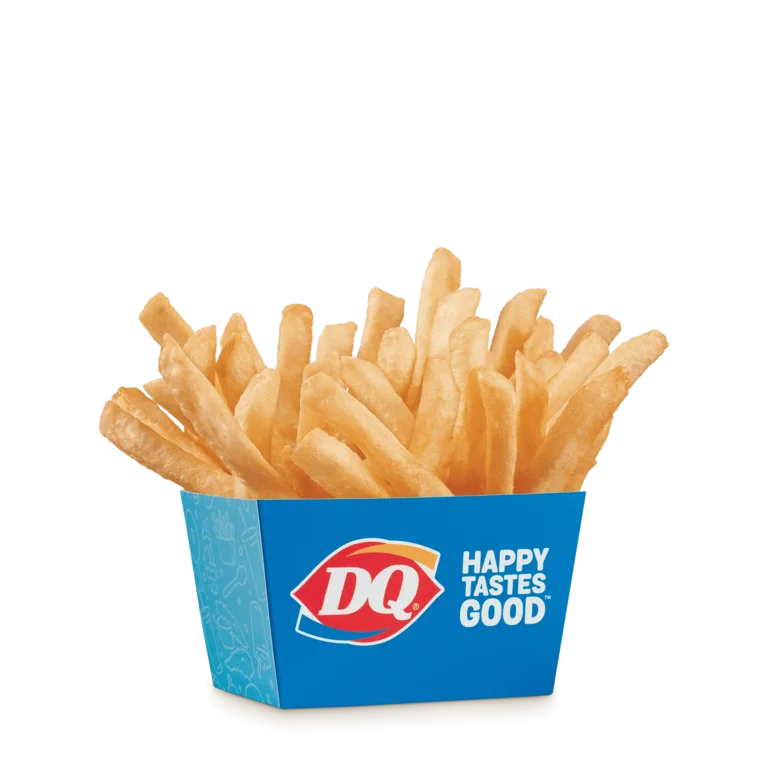 Serving of crispy French fries in a paper tray