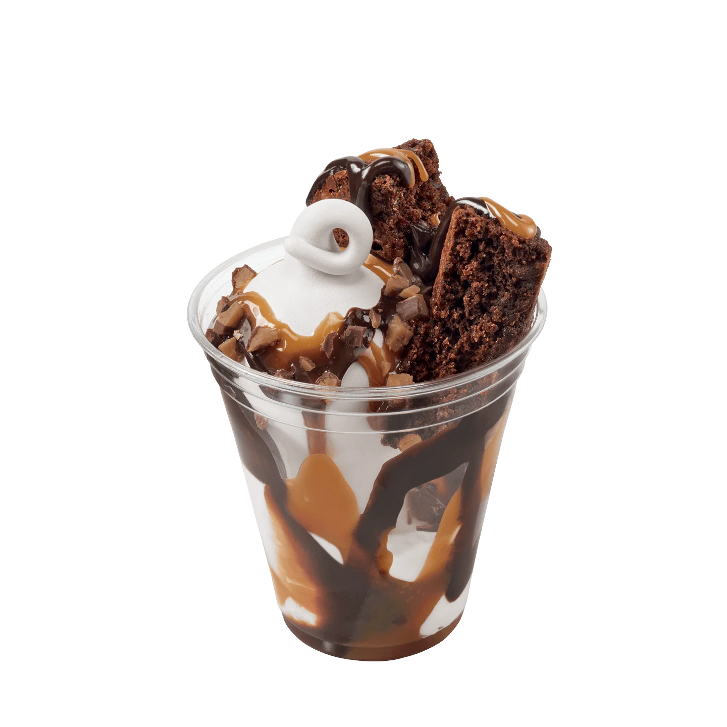 brownie pieces with vanilla soft serve, caramel, Heath topping in a cup