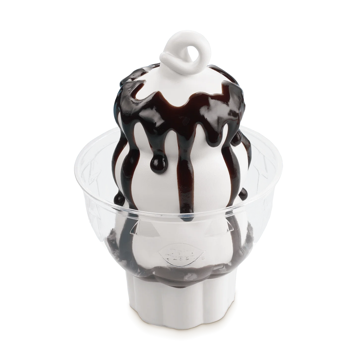 vanilla soft serve sundae topped with hot fudge in a white cup