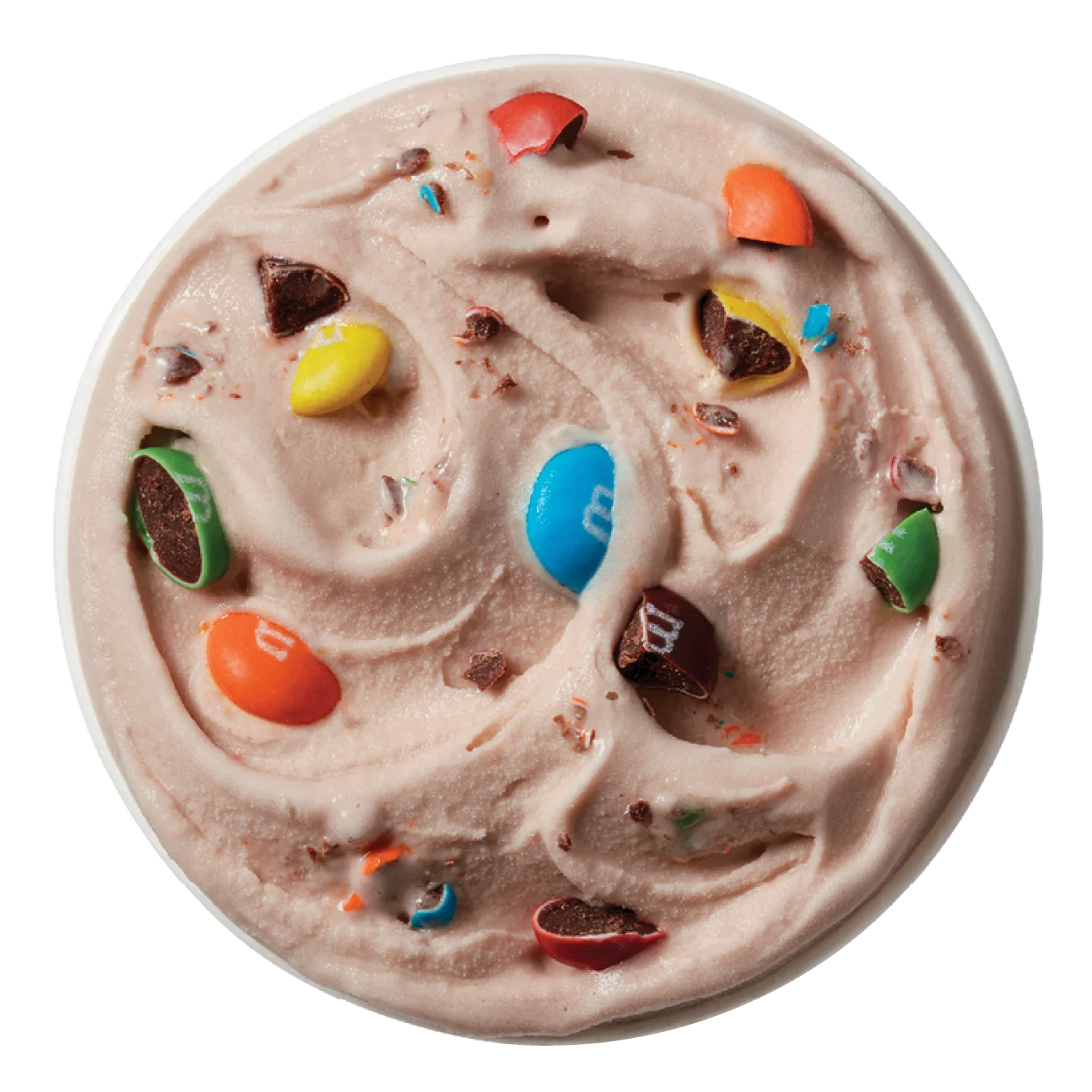 single M&M's Milk Chocolate Candies Blizzard treat in clear cup with colorful candy pieces