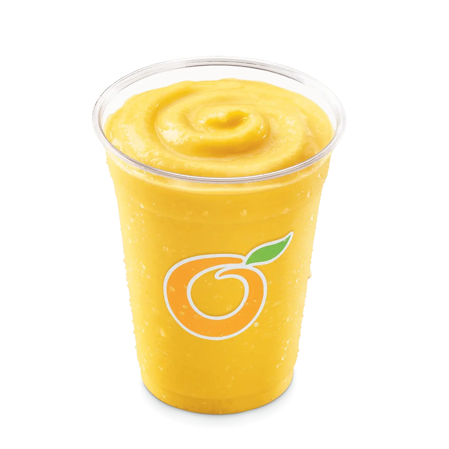 Tall clear cup filled with yellow mango pineapple fruit smoothie with a straw