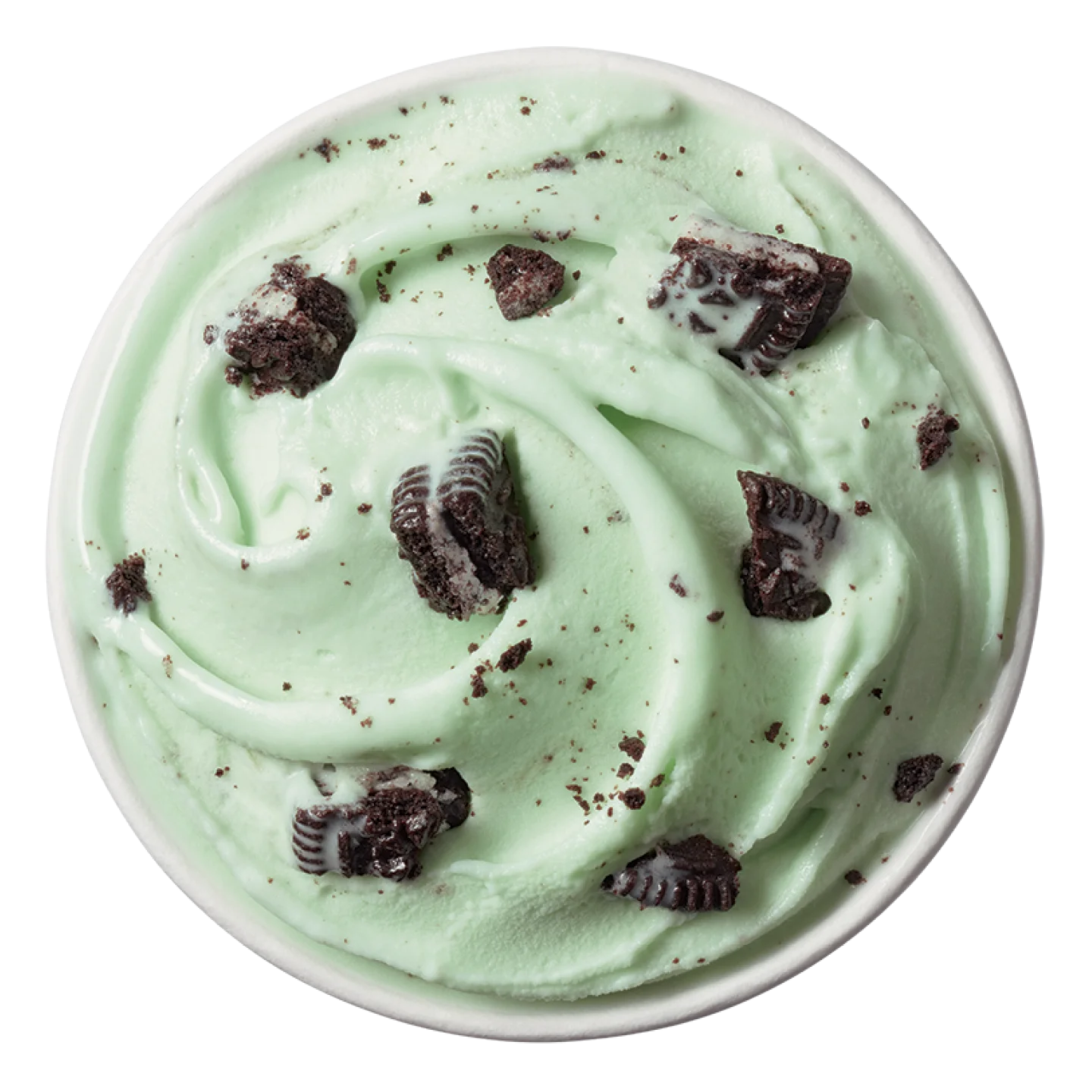 single mint Oreo cookie Blizzard treat in a clear cup with green and white swirls