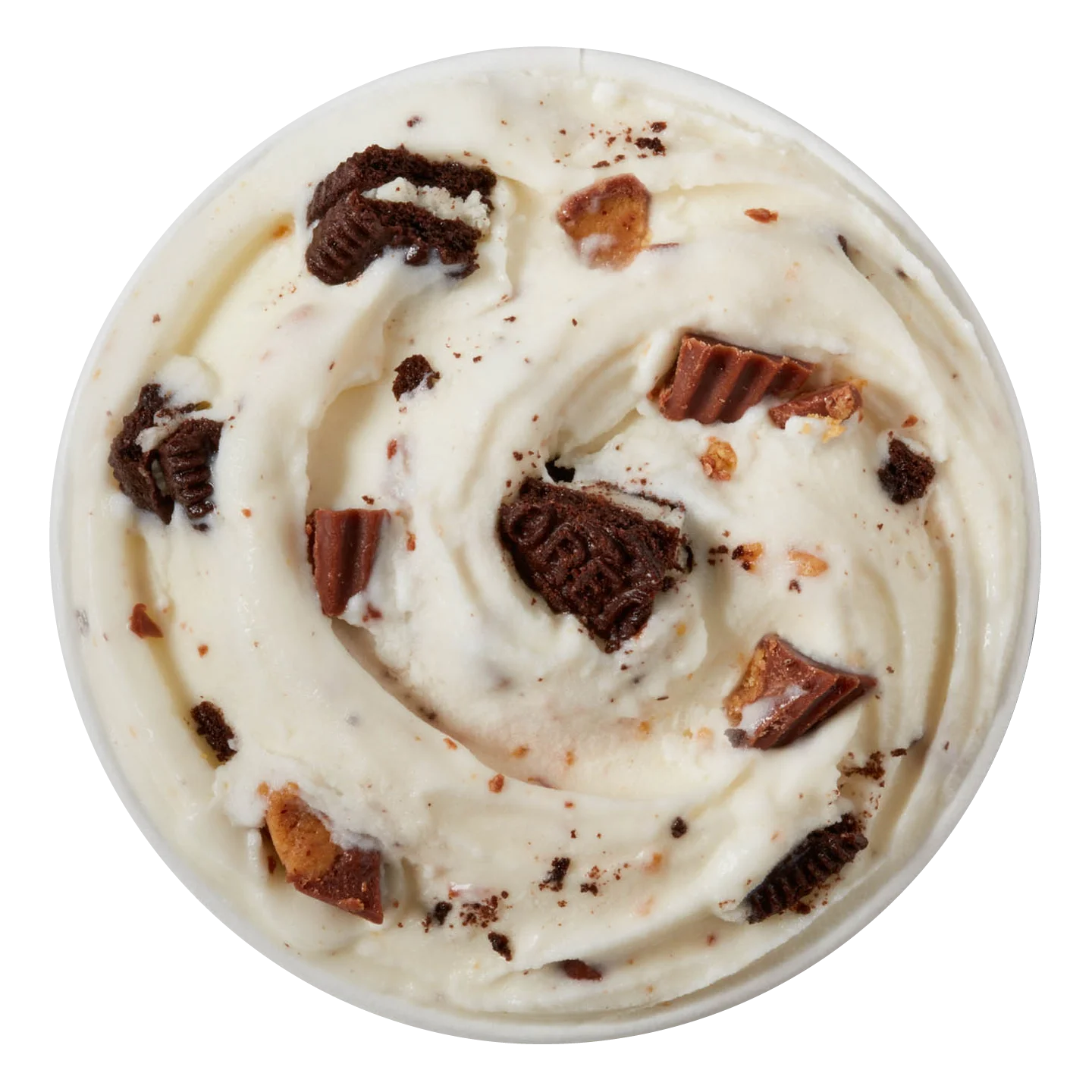 single OREO and REESE'S Blizzard treat in white cup with spoon