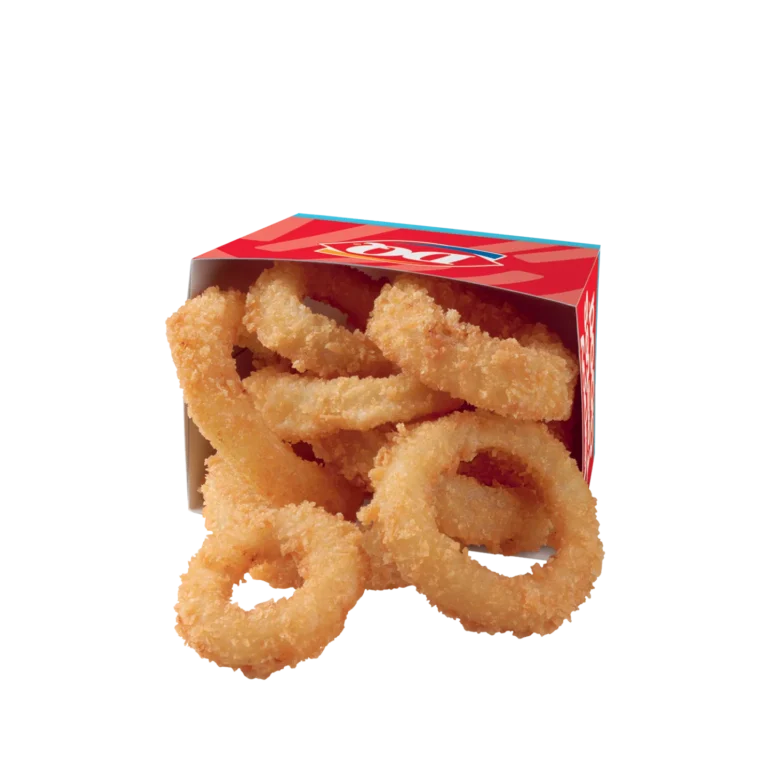 Serving of golden fried onion rings in a container