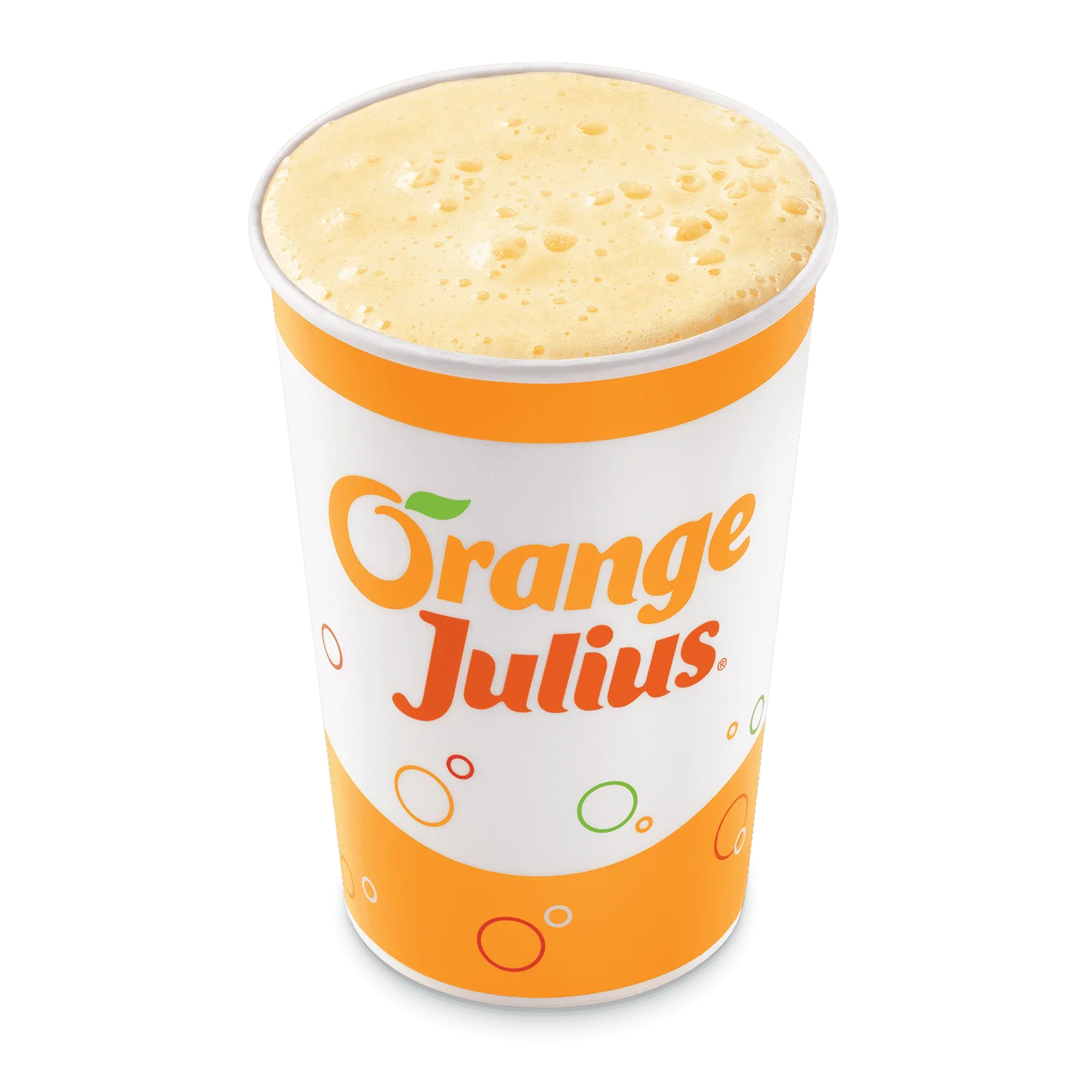 Tall clear cup filled with orange creamy smoothie with a straw