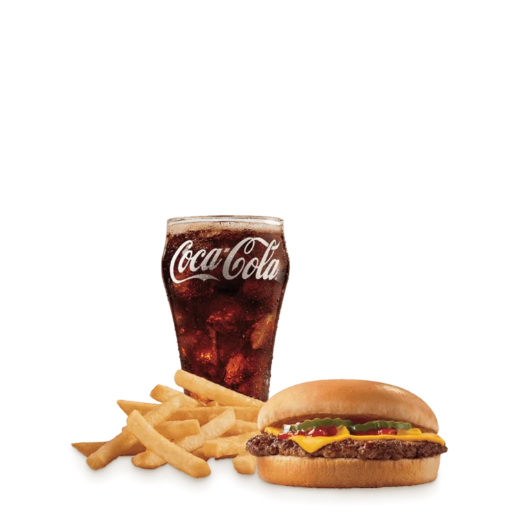 Single beef patty cheeseburger with American cheese, pickles, onions, ketchup, and mustard on toasted bun