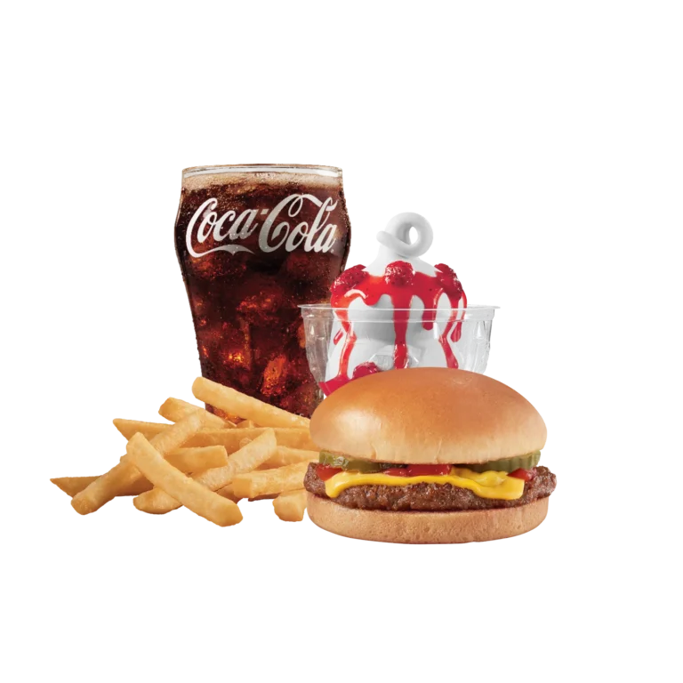 Cheeseburger with fries and a soft drink
