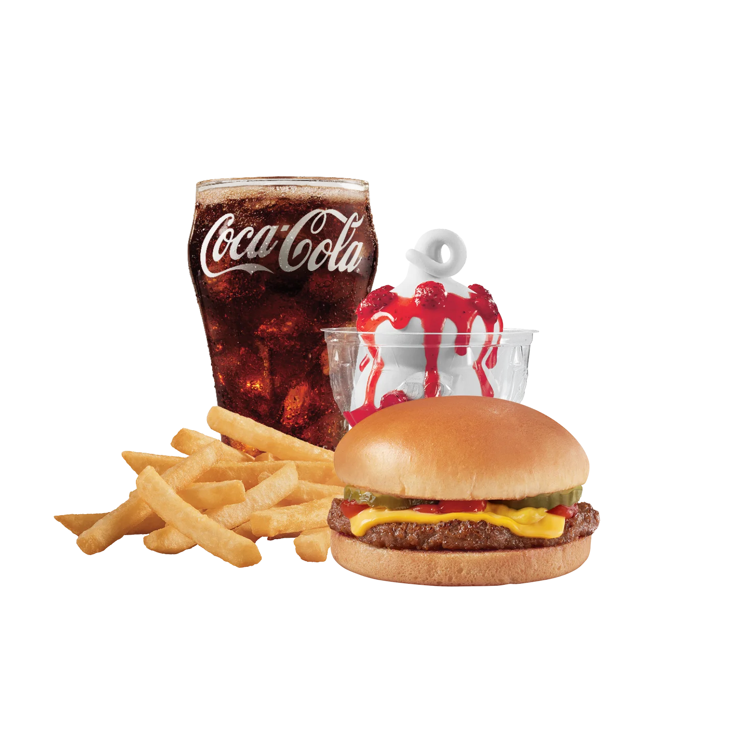 Cheeseburger with fries and a soft drink