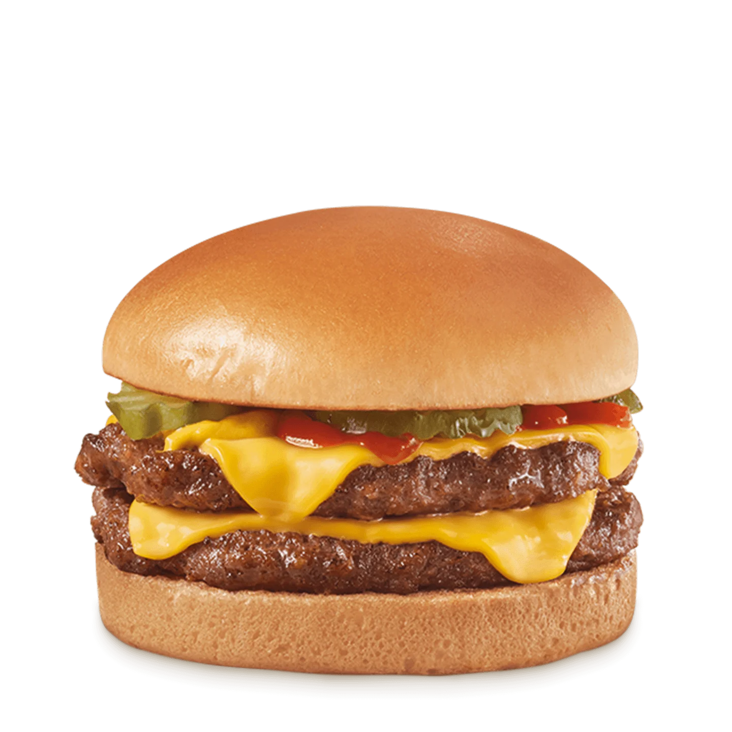 Double cheeseburger with two beef patties, American cheese, pickles, onion, mustard, ketchup, and toasted bun