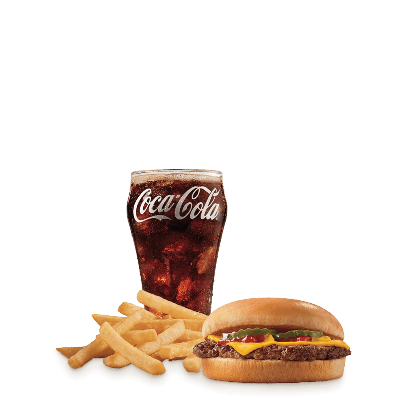 Single beef patty cheeseburger with American cheese, pickles, onions, ketchup, and mustard on toasted bun