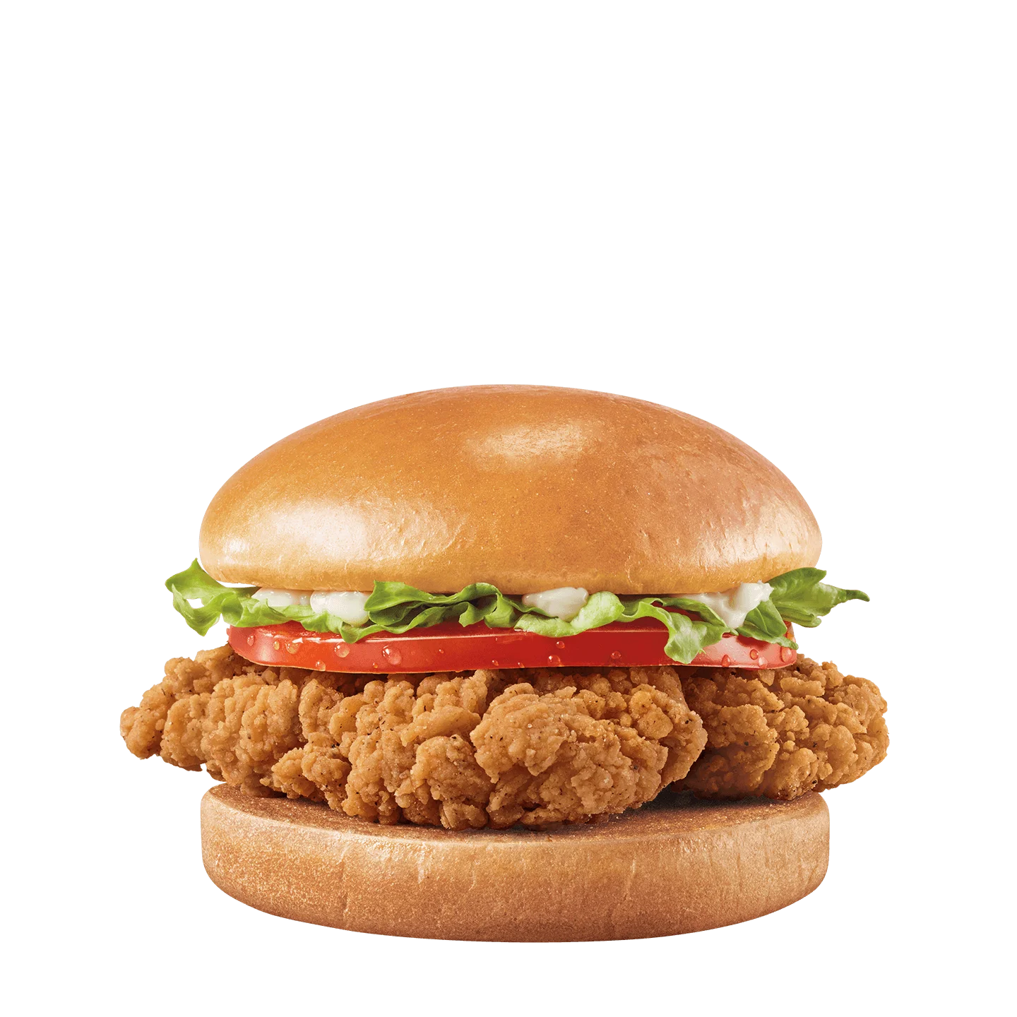Breaded chicken strips on toasted bun with shredded lettuce and mayonnaise