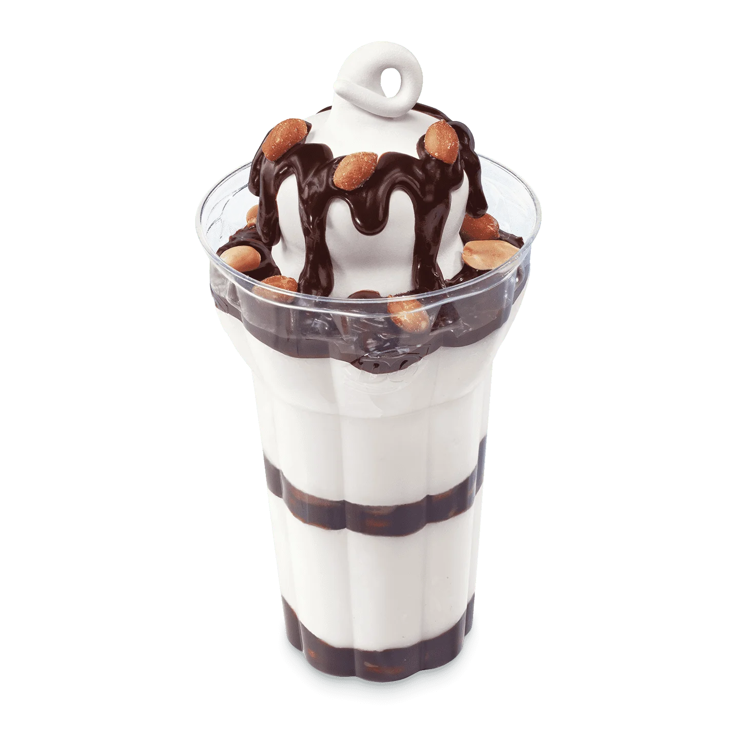 vanilla soft serve with chocolate topping and peanuts in a parfait cup