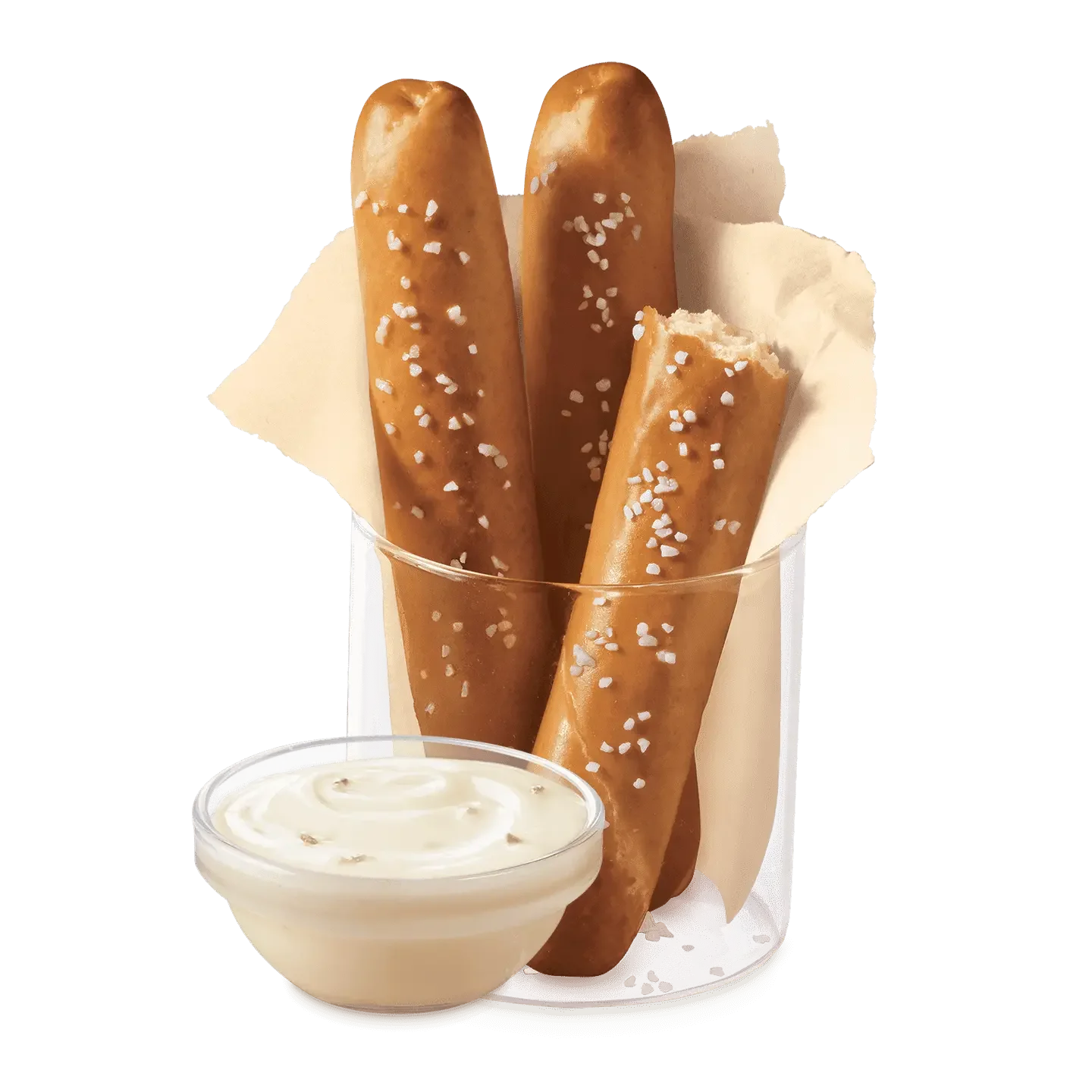 Two servings of pretzel sticks with zesty queso dipping sauce