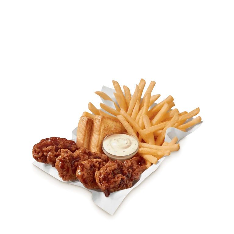 Chicken strips tossed in honey BBQ sauce with fries and Texas toast