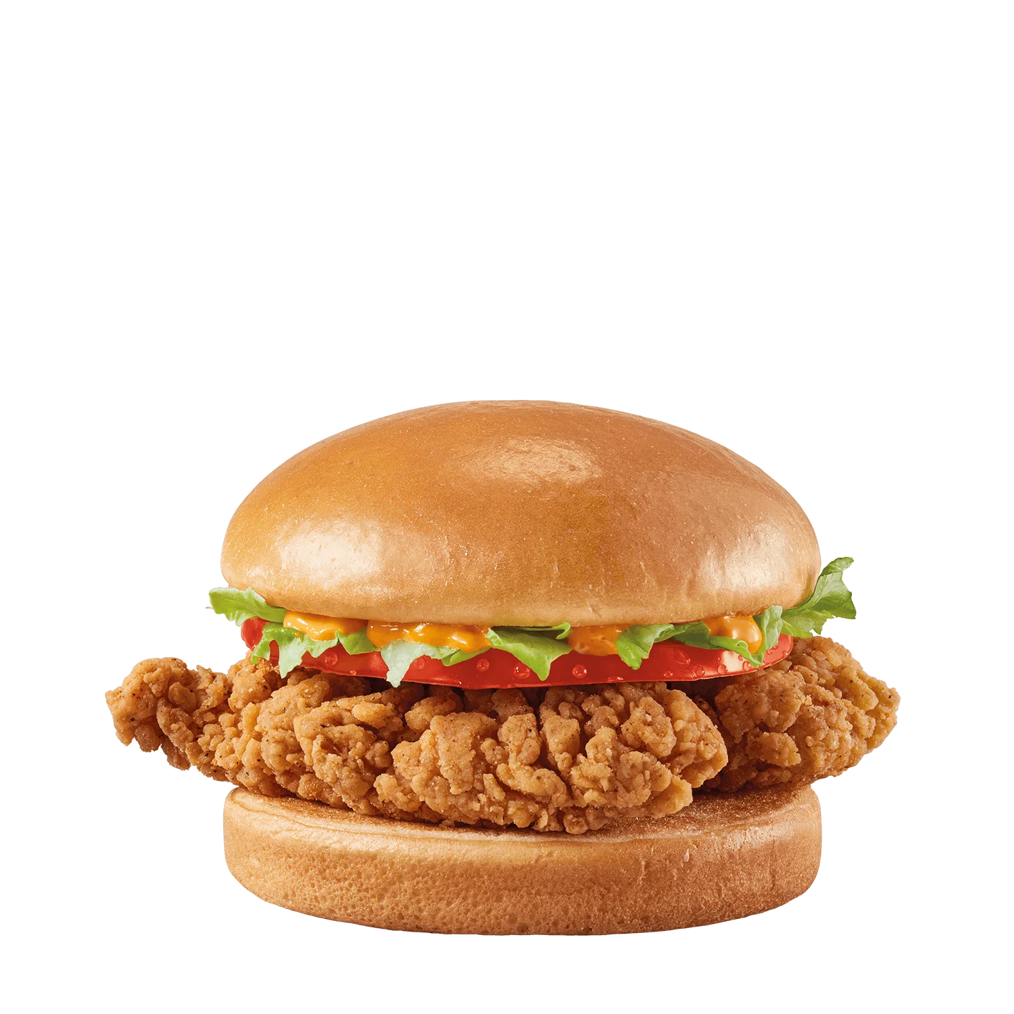 Spicy breaded chicken strips on toasted bun with shredded lettuce and mayonnaise