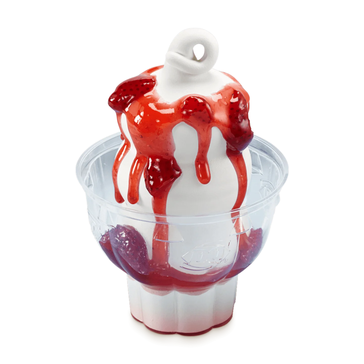 vanilla soft serve sundae topped with strawberry sauce in a white cup