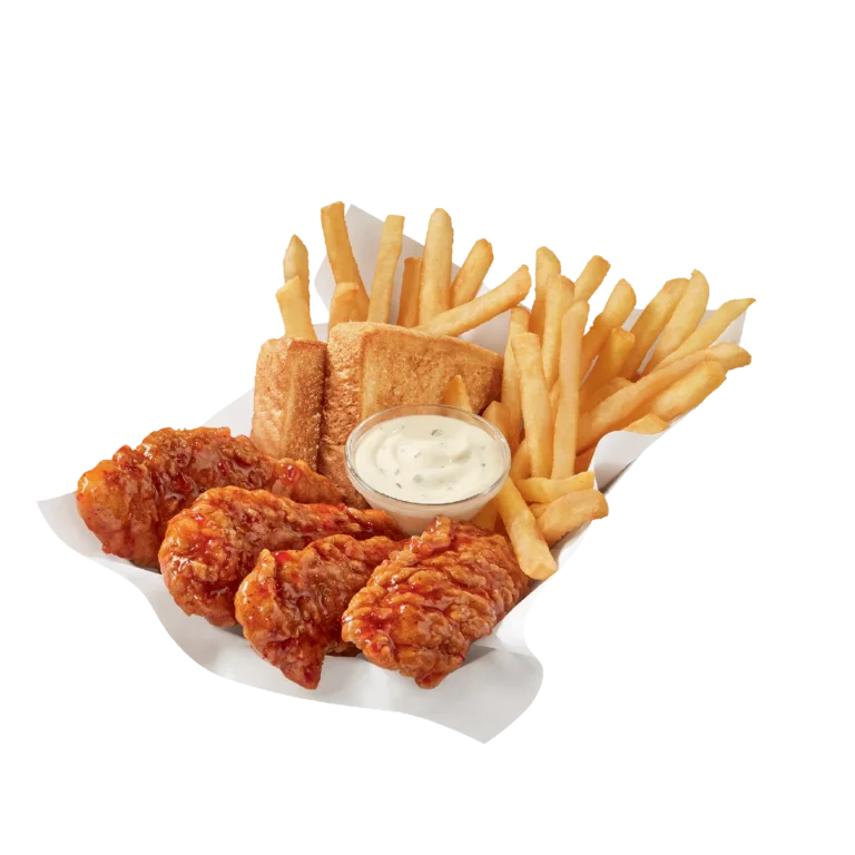 Chicken strips tossed in sweet chili sauce with fries and Texas toast