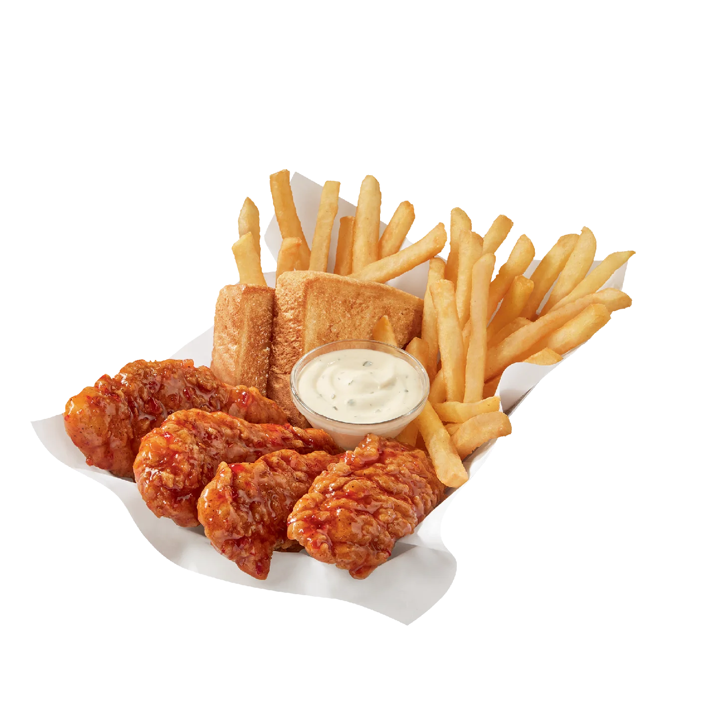 Chicken strips tossed in sweet chili sauce with fries and Texas toast