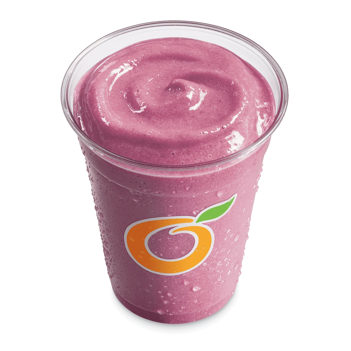 Tall clear cup filled with purple triple berry fruit smoothie with a straw