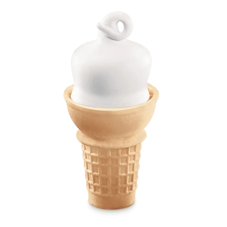 single vanilla soft serve ice cream cone in wafer cone