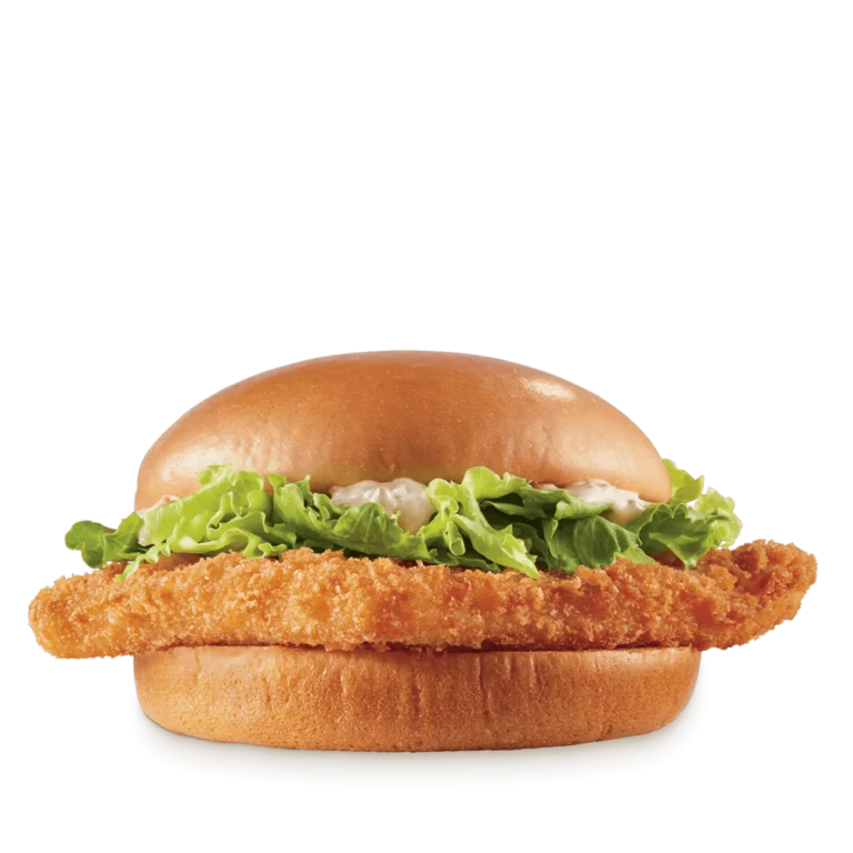 Breaded fish fillet on bun with shredded lettuce and tartar sauce