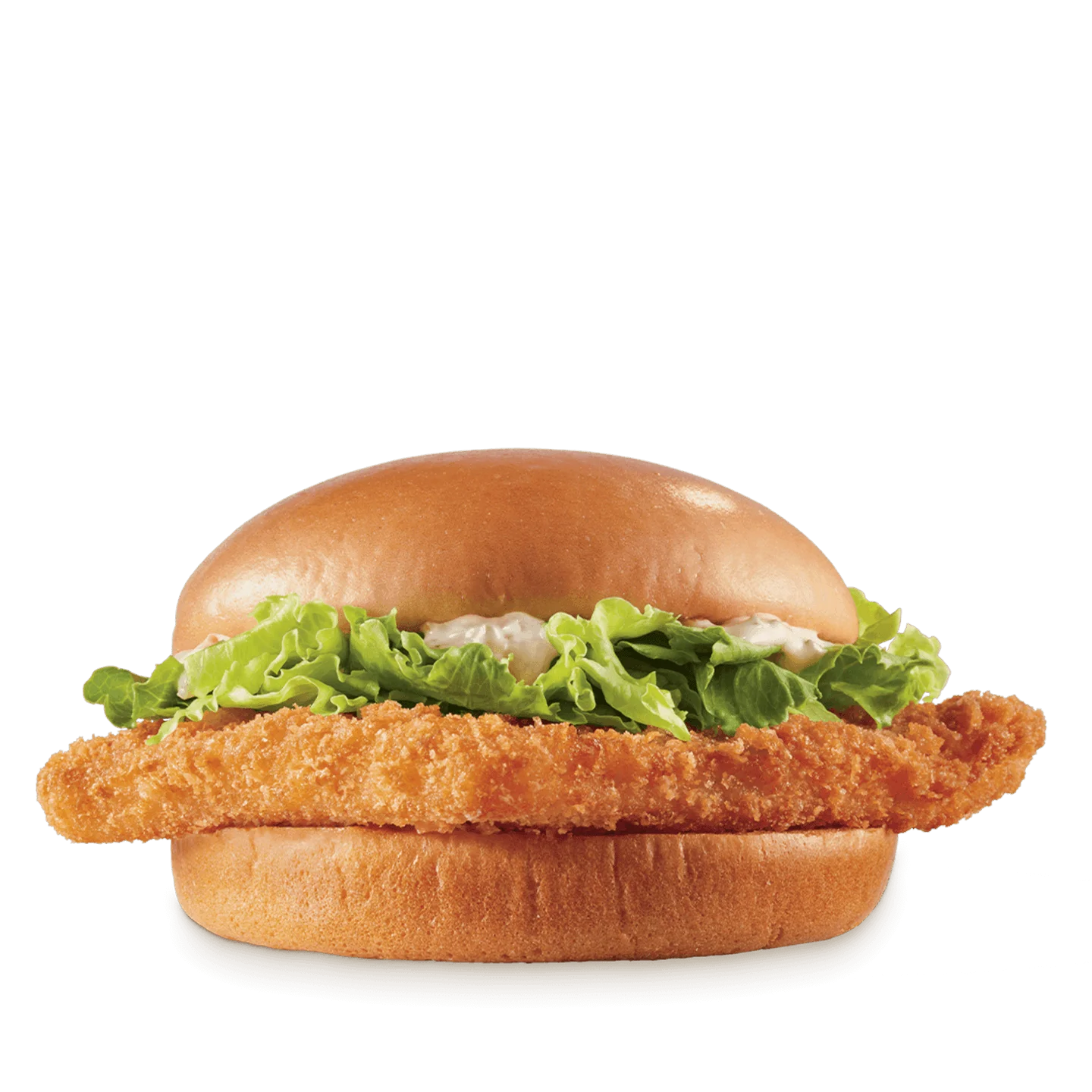 Breaded fish fillet on bun with shredded lettuce and tartar sauce