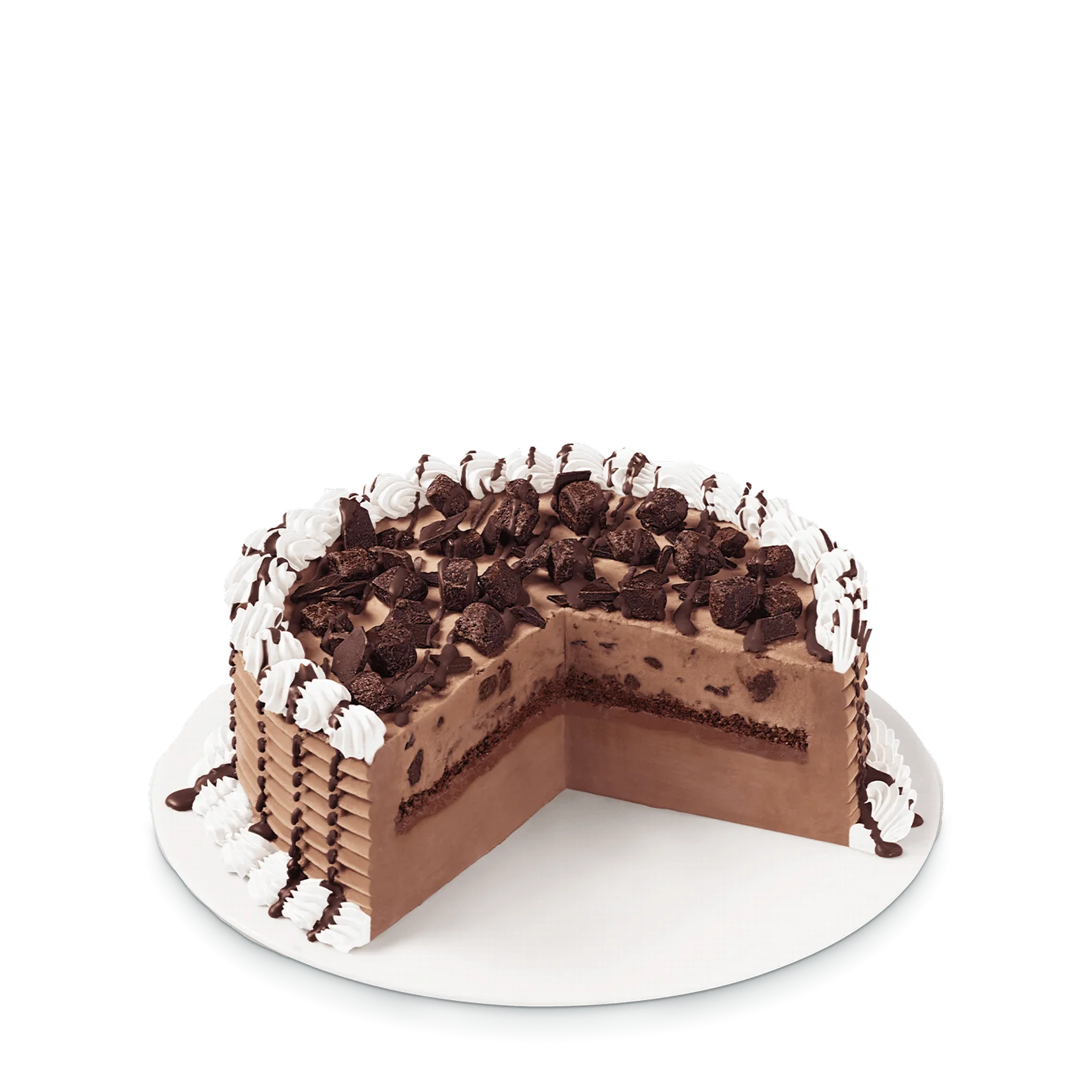 round cake with chocolate brownie pieces and chocolate drizzle topping