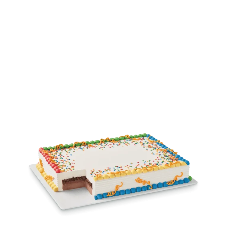 rectangular sheet cake with chocolate and vanilla ice cream layers and fudge center