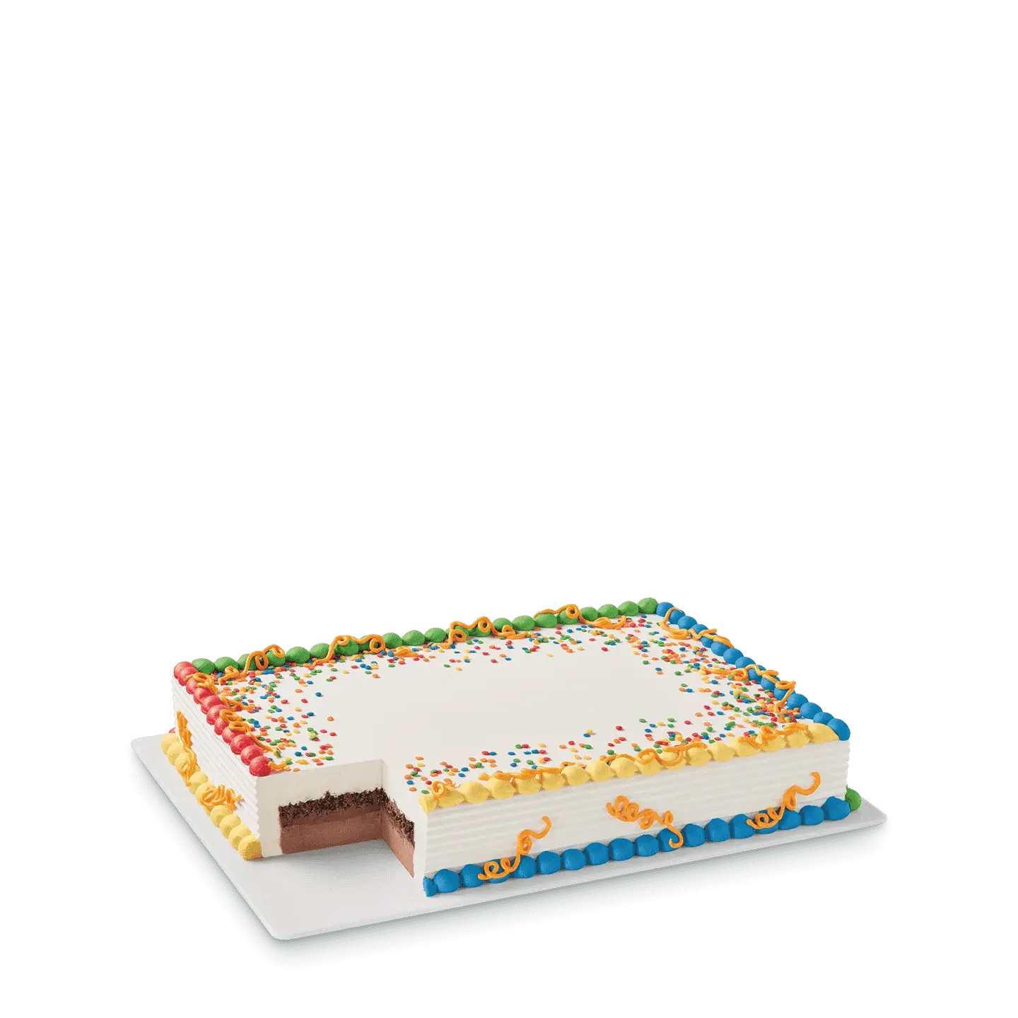 rectangular sheet cake with chocolate and vanilla ice cream layers and fudge center